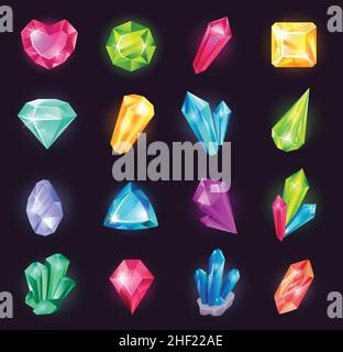 Cartoon magic crystals and precious gems, raw material gemstones. Glowing crystal, shiny jewel stone, fantasy gemstone for game vector set. Colorful glossy gaming elements of different forms Stock Vector