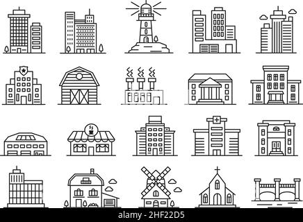 Building line icons, government house, factory, city office buildings. Residential and industrial architecture, urban buildings vector set. Apartments, plants and commercial buildings Stock Vector
