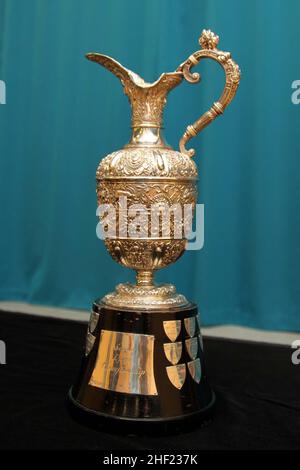 Ayrshire, Scotland, UK.. As part of the run up to the Royal & Ancient golf club Open Championship 2015 which was held at Royal Troon Golf Club, Troon Ayrshire . The three major trophies the Claret Jug, The Amateur Championship, The Seniors Claret Jug went around primary schools in Ayrshire where pupils were allowed to see and polish the trophies. The Senior Trophy Stock Photo