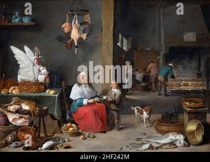 Kitchen Interior by David Teniers the Younger (1610-1690), oil on copper, 1644 Stock Photo