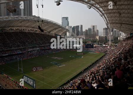 The crowd, at the Hong Kong Stadium, during the Hong Kong Sevens. It is considered the most important 7s rugby tournament in the world. Stock Photo