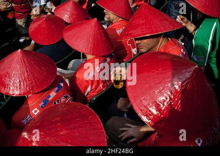The crowd, at the Hong Kong Stadium, during the Hong Kong Sevens. It is considered the most important 7s rugby tournament in the world. Stock Photo