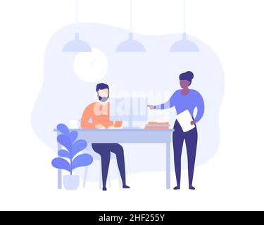 supervisor and employe working at the computer Stock Vector