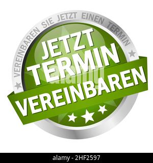 EPS 10 vector with round colored button with banner and text arrange meeting now (in german) Stock Vector