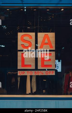 London, UK - January 01, 2022: Sale sign in the window of Sweaty Betty shop in King's Cross. Sweaty Betty is a British retailer specialising in women' Stock Photo