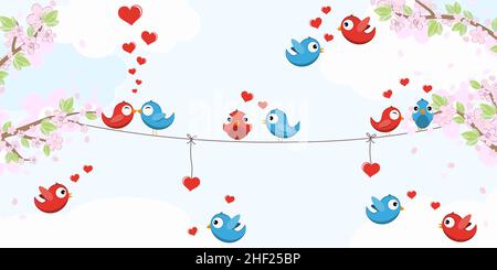 eps vector file with colored birds in love, sitting on strings, branches with blossoms and green leaves in spring time, hanging hearts, background wit Stock Vector
