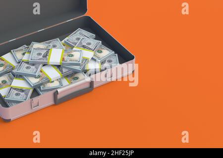 Open metal suitcase with stack of dollars. Transportation of cash. Money cashback concept. Big win, jackpot. Financial savings, investments, fines. Pa Stock Photo