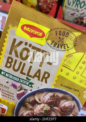 Viersen, Germany - January 9. 2022: Closeup of one pack maggi ready spice mix kottbullar in shelf of german supermarket Stock Photo