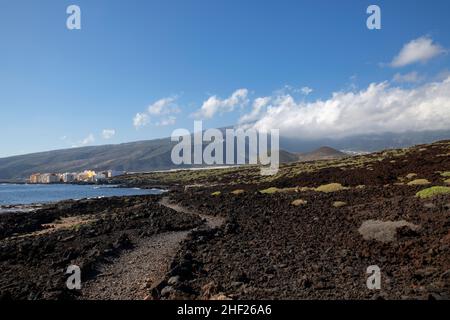 Coastal path crossing the volcanic malpais surrounded by the rough land with endemic flora and the Atlantic Ocean, Puertito de Guimar, Tenerife Stock Photo