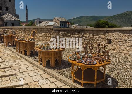 MOSTAR, BOSNIA AND HERZEGOVINA - JUNE 10, 2019: Souvenir stalls in Mostar. Bosnia and Herzegovina Stock Photo