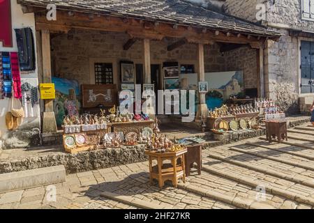 MOSTAR, BOSNIA AND HERZEGOVINA - JUNE 10, 2019: Souvenir stalls in Mostar. Bosnia and Herzegovina Stock Photo