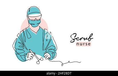 Scrub nurse simple vector illustration with scissors . One continuous line art drawing background, banner, poster of surgical nurse Stock Vector