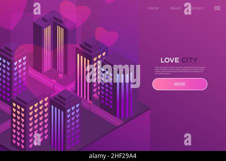 City of love - neon isometric illustration. Design for website, application. Modern isometric style. Love concept, valentine s day Stock Vector