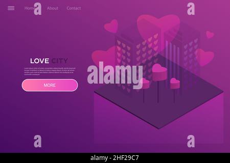 City of love - neon isometric illustration. Design for website, application. Modern isometric style. Love concept, valentine s day Stock Vector