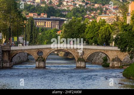 SARAJEVO, BOSNIA AND HERZEGOVINA - JUNE 12, 2019: Latin Bridge in Sarajevo. Bosnia and Herzegovina Stock Photo