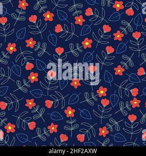 Artistic hand drawn vector seamless floral ditsy pattern design. Stylish repeating blooming flowers and leaves texture background for textile Stock Vector