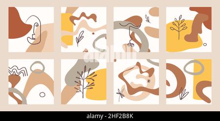 A set of backgrounds with abstract shapes and faces, branches and leaves, waves and circles. Stock Vector