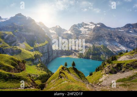 Oeschinensee in the Swiss Alps in Summer, post processed using exposure bracketing Stock Photo