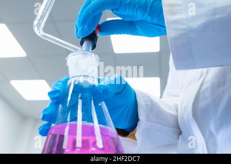 Close up scientist uses a titration method of analysis to study the chemical properties of the water sample. Scientist holding Erlenmeyer flask with pink solution Stock Photo
