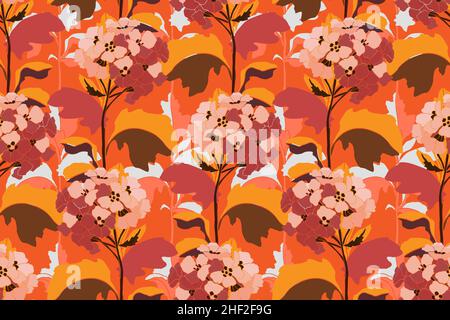 Vector floral seamless pattern. Flowers with twigs and leaves in red and orange tones on a white background.  Stock Vector
