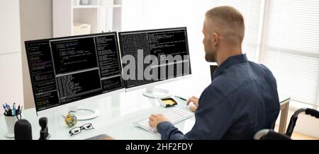 Coder In Wheelchair Using Computer. People In Office Stock Photo