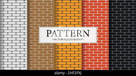 Set of 5 patterns different textures of brick walls in different colors - Vector illustration Stock Vector