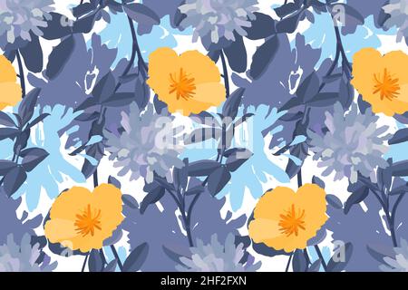 Vector floral seamless pattern. Yellow California poppies, blue and purple asters and chrysanthemums. Stock Vector
