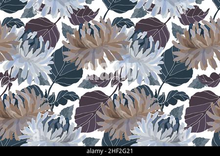 Vector floral seamless pattern. Chrysanthemum flowers with green and brown twigs and leaves on a white. Stock Vector