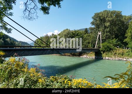 Issac Bridge Bridge over the river Eisack / Isarco and church at Chiusa / Klausen ...