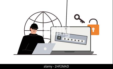 The criminal behind a laptop, computer. Hidden mining. Phishing notifications. Account hacking. A fraudster steals a bank card. Network security Stock Vector