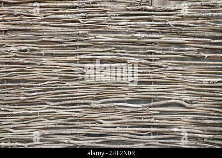 Wattle fence of dry horizontal twigs as the background. Traditional rustic fence. Abstract wooden backdrop. Stock Photo