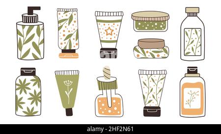 Premium Vector  Seamless repeating pattern with cosmetics a set of bottles  and tubes jars for skin care with face hair and body cream fashion style  for a postcard banner template for