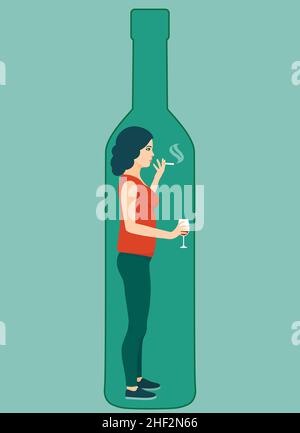 Alcoholic woman in a bottle, vector illustration concept Stock Vector