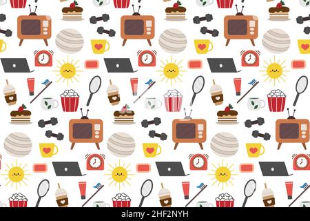 Seamless repeating pattern with cozy household items. Morning and evening routine. Vector illustration. Stock Vector