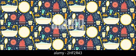 Seamless repeating bathroom pattern with shower and personal care items. Morning and evening routine. Vector illustration. Stock Vector