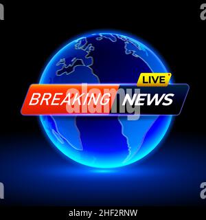 Breaking news headline on holographic globe. TV channel show broadcast art design. Business, technology background. Vector template. Stock Vector