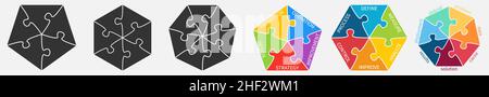 Polygons, five to seven sides, divided into jigsaw puzzle pieces - simple infographics element, gray and color version Stock Vector