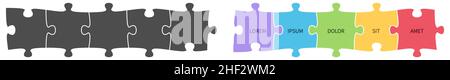 Simple five connected jigsaw puzzle pieces illustration, gray and colour version Stock Vector