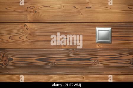 Simple silver coloured plastic light switch on wooden boards wall Stock Photo