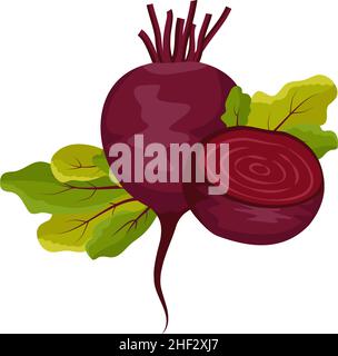 Red beet icon. Whole healthy vegetables, half and green leaves of tops. Delicious food for salad, soup, borscht. Vector flat illustration Stock Vector