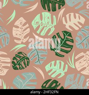 colorful manstera leaves pattern on brown background Stock Vector