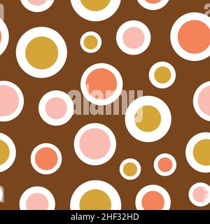 Abstract geometric circle seamless pattern. Pink and yellow circles on brown background. Stock Vector