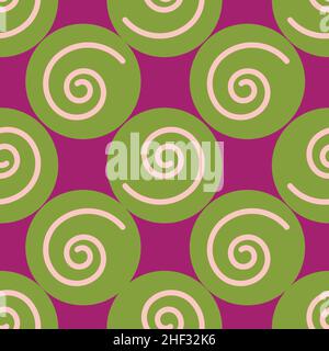 Abstract geometric circle seamless pattern. Green circles and spiral on purple background. Stock Vector