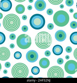 Abstract geometric circle seamless pattern. Green and blue circles on white background. Stock Vector
