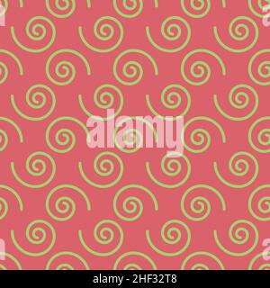 Abstract geometric spiral seamless pattern. Green spirals on red background. Stock Vector
