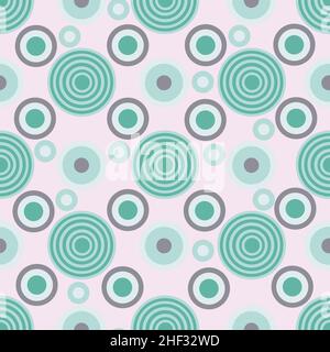Abstract geometric circle seamless pattern. Green circles on pale pink background. Stock Vector