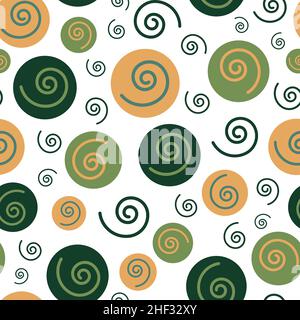 Abstract geometric circle seamless pattern. Green and yellow circles and spiral on white background. Stock Vector