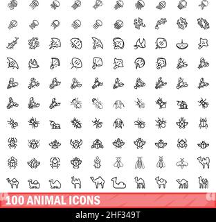 100 animal icons set. Outline illustration of 100 animal icons vector set isolated on white background Stock Vector