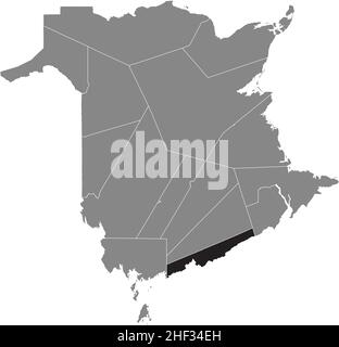 Black flat blank highlighted location map of the SAINT JOHN COUNTY inside gray administrative map of counties of Canadian territory of New Brunswick, Stock Vector