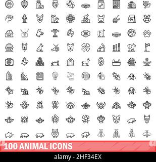 100 animal icons set. Outline illustration of 100 animal icons vector set isolated on white background Stock Vector